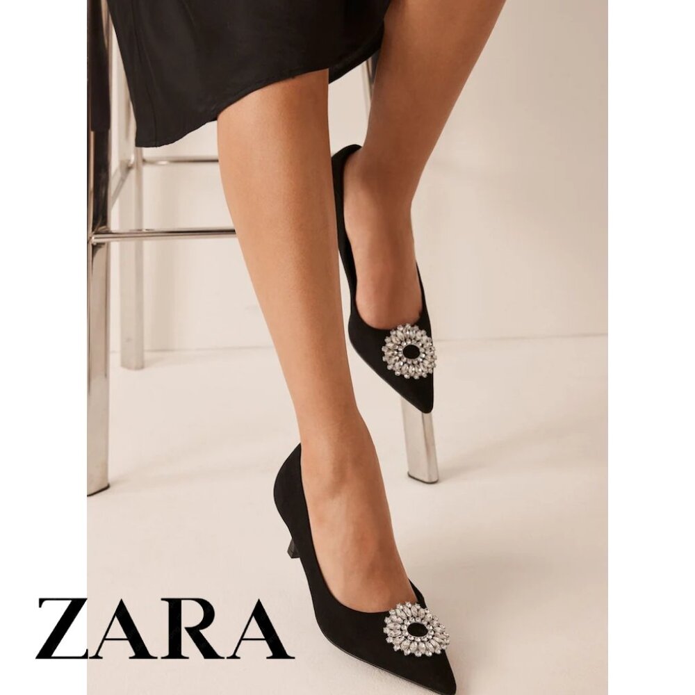 Zara Women Black Suede Pointed Toe Heel with Front Rhinestones Pump Shoes